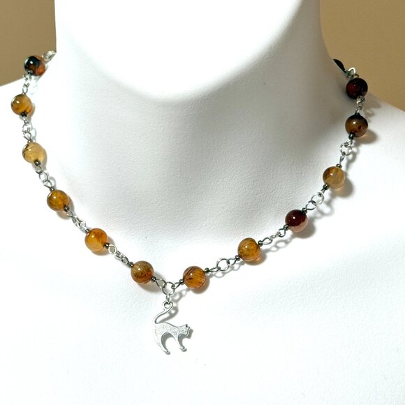 Genuine Earthy Carnelian Agate Short Necklace, Gemstone & Slim Cat Pendant - Picture 2 of 15